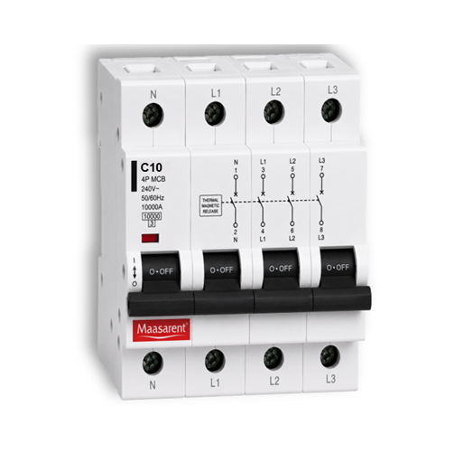 Maasarent 10A Triple Pole and Neutral C-Curve MCB | High-Performance Electrical Protection