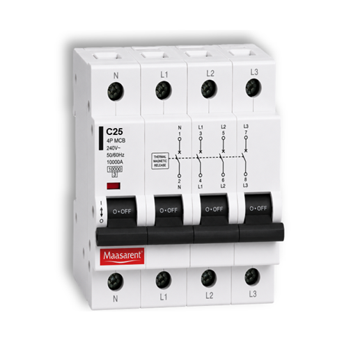 Maasarent 25A Triple Pole and Neutral C-Curve MCB | High-Performance Electrical Protection
